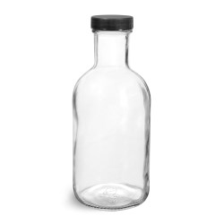 Clear Glass Vinegar Style Round Bottles w/ Black Ribbed Lined Caps