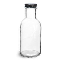 12 oz Glass Bottles, Clear Glass Stout Bottles w/ Black Metal Plastisol Lined Caps