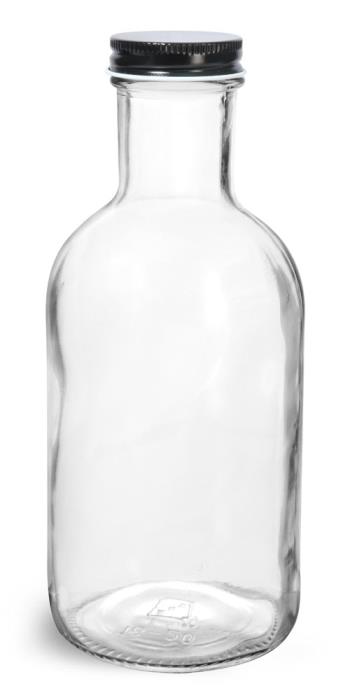 16 oz Glass Bottles, Clear Glass Stout Bottles w/ Black Metal Plastisol Lined Caps