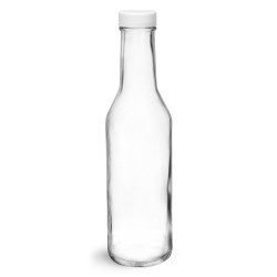 8 oz Clear Glass Sauce Bottles w/ White Ribbed Lined Caps & Orifice Reducers