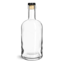 750 ml Glass Bottles, Clear Glass Bar Top Bottle w/ Black Ribbed Bar Top Corks