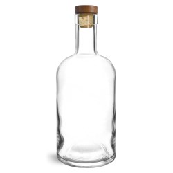 750 ml Glass Bottles, Clear Glass Bar Top Bottles w/ Stained Wood Bar Tops & Natural Corks