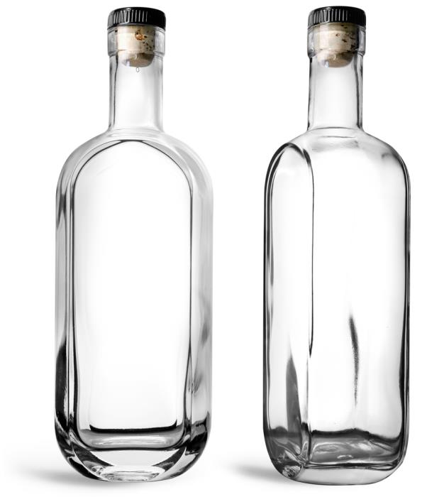 750 ml  Clear Glass London Bar Top Bottles w/ Black Ribbed Bar Tops & Natural Corks