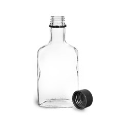 100 ml Glass Bottles, Clear Glass Flask Bottles w/ Black Ribbed Tamper Evident Caps