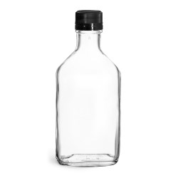 200 ml Glass Bottles, Clear Glass Flask Bottles w/ Black Ribbed Tamper Evident Caps