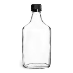 375 ml Glass Bottles, Clear Glass Flask Bottles w/ Black Ribbed Tamper Evident Caps