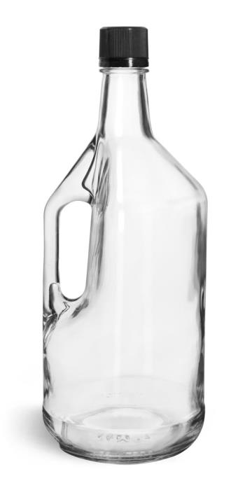 1.75 Liter Glass Bottles, Clear Glass Bottles w/ Handles and Black Tamper Evident Closures w/ Pouring Inserts