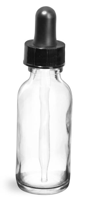 1 oz Clear Glass Round Bottles w/ Black Bulb Glass Droppers