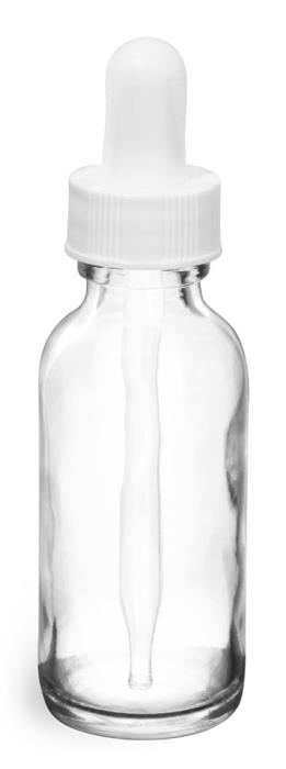 1 oz Clear Glass Round Bottles w/ White Bulb Glass Droppers