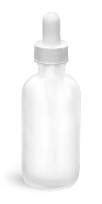 2 oz Glass Bottles, Frosted Glass Rounds w/ White Bulb Glass Droppers