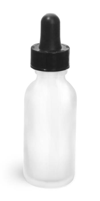 1 oz Glass Bottles, Frosted Glass Rounds w/ Black Bulb Glass Droppers