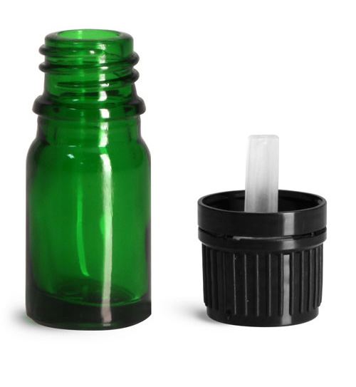 5 ml Glass Bottles, Green Glass Euro Dropper Bottles w/ Black Tamper Evident Caps & Orifice Reducers