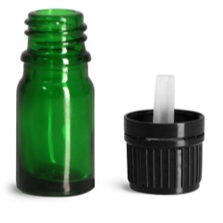 5 ml Glass Bottles, Green Glass Euro Dropper Bottles w/ Black Tamper Evident Caps & Orifice Reducers