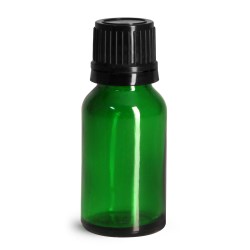 15 ml Glass Bottles, Green Glass Euro Dropper Bottles w/ Black Tamper Evident Caps & Orifice Reducers