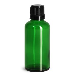 50 ml Glass Bottles, Green Glass Euro Dropper Bottles w/ Black Tamper Evident Caps & Orifice Reducers