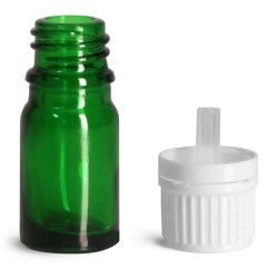 5 ml Glass Bottles, Green Glass Euro Dropper Bottles w/ White Tamper Evident Caps & Orifice Reduce