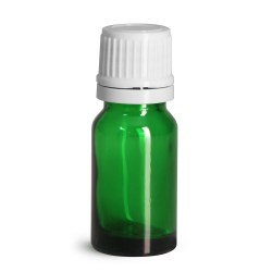 10 ml Glass Bottles, Green Glass Euro Dropper Bottles w/ White Tamper Evident Caps & Orifice Reduce