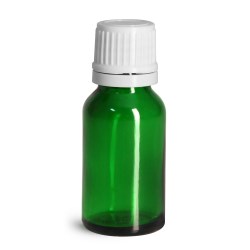 15 ml Glass Bottles, Green Glass Euro Dropper Bottles w/ White Tamper Evident Caps & Orifice Reduce