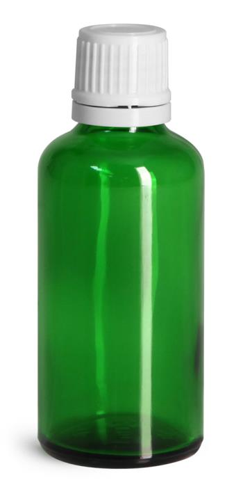 50 ml Glass Bottles, Green Glass Euro Dropper Bottles w/ White Tamper Evident Caps & Orifice Reduce