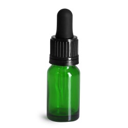 10 ml Glass Bottles, Green Glass Euro Dropper Bottles w/ Black Tamper Evident Bulb Droppers