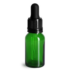 15 ml Glass Bottles, Green Glass Euro Dropper Bottles w/ Black Tamper Evident Bulb Droppers