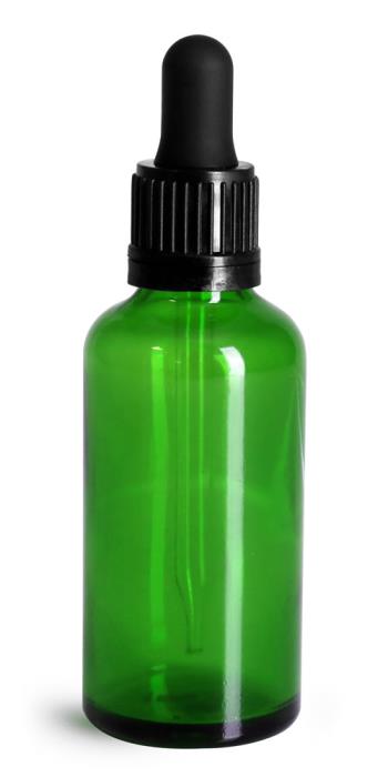 50 ml Glass Bottles, Green Glass Euro Dropper Bottles w/ Black Tamper Evident Bulb Droppers