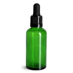 50 ml Glass Bottles, Green Glass Euro Dropper Bottles w/ Black Tamper Evident Bulb Droppers