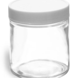 4 oz Clear Glass Jars w/ Lined White Plastic Ribbed Caps