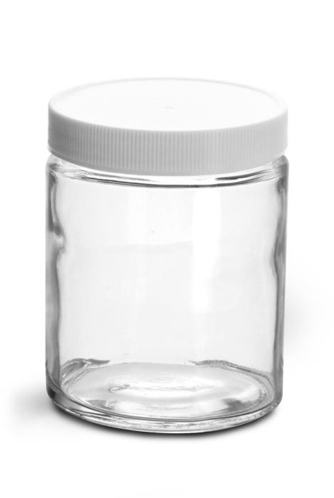 6 oz Clear Glass Jars w/ Lined White Plastic Ribbed Caps