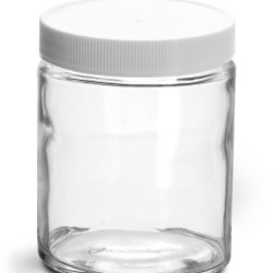 6 oz Clear Glass Jars w/ Lined White Plastic Ribbed Caps