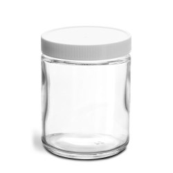 8 oz Clear Glass Jars w/ Lined White Plastic Ribbed Caps