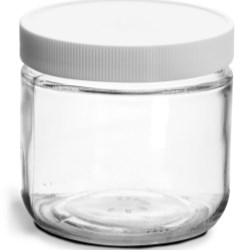 12 oz Clear Glass Jars w/ Lined White Plastic Ribbed Caps