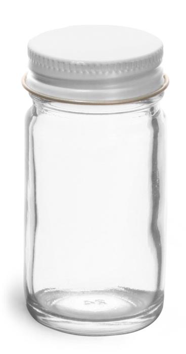 1 oz Glass Jars, Clear Glass Paragon Jars w/ White Metal Foil Lined Caps