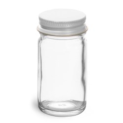 1 oz Glass Jars, Clear Glass Paragon Jars w/ White Metal Foil Lined Caps