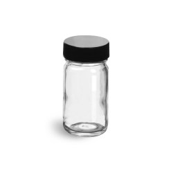 1 oz Clear Glass Paragon Jars w/  Lined Black Ribbed Plastic Caps