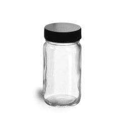 2 oz Clear Glass Paragon Jars w/  Lined Black Ribbed Plastic Caps