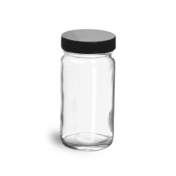 4 oz Clear Glass Paragon Jars w/  Lined Black Ribbed Plastic Caps