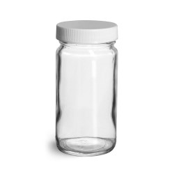 4 oz Clear Glass Paragon Jars w/ Lined White Ribbed Plastic Caps