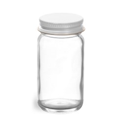 2 oz Glass Jars, Clear Glass Paragon Jars w/ White Metal Foil Lined Caps