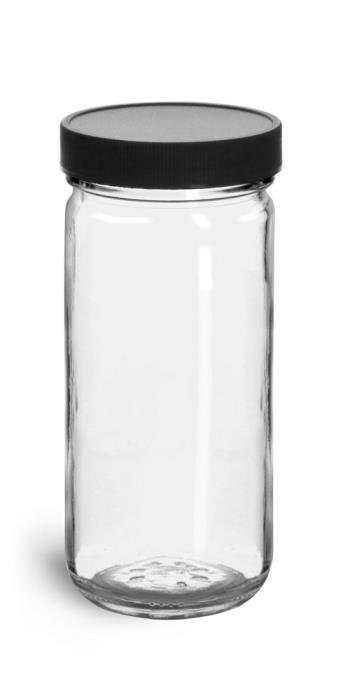 8 oz Clear Glass Paragon Jars w/  Lined Black Ribbed Plastic Caps