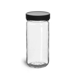 8 oz Clear Glass Paragon Jars w/  Lined Black Ribbed Plastic Caps