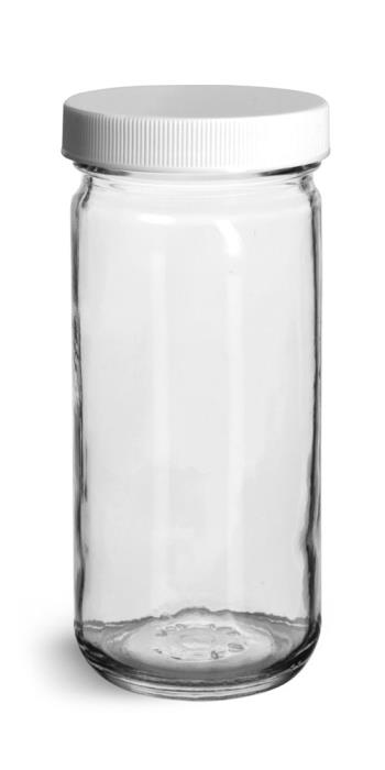 8 oz Clear Glass Paragon Jars w/ Lined White Ribbed Plastic Caps