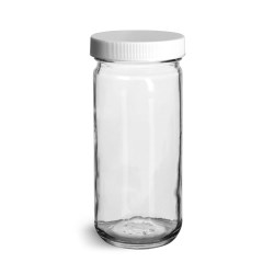 8 oz Clear Glass Paragon Jars w/ Lined White Ribbed Plastic Caps