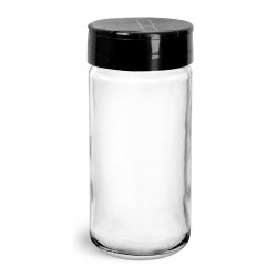 6 oz Glass Jars, Clear Glass Paragon Jars w/ Black Ps 113 Lined Spice Caps