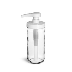 8 oz Glass Jars, Clear Glass Paragon Jars w/ White Polypro Pumps