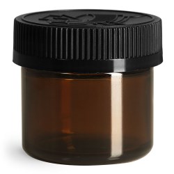 2 oz Glass Jars, Amber Glass Straight Sided Jars w/ Black Child Resistant Caps