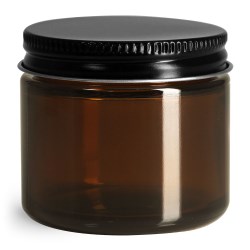 2 oz Glass Jars, Amber Glass Straight Sided Jars w/ Black Metal Foil Lined Caps