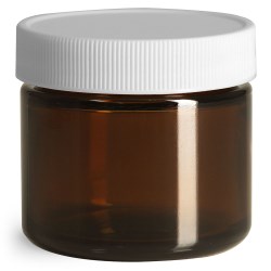 2 oz Glass Jars, Amber Glass Straight Sided Jars w/ White Ribbed Teflon Lined Caps