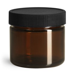 2 oz Glass Jars, Amber Glass Straight Sided Jars w/ Black Ribbed PE Caps