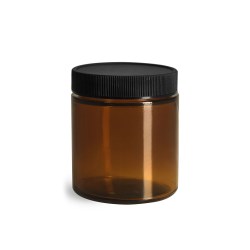 4 oz Glass Jars, Amber Glass Straight Sided Jars w/ Black Ribbed PE Caps